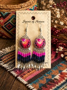 Pink & Navy Beaded Fringe Earrings